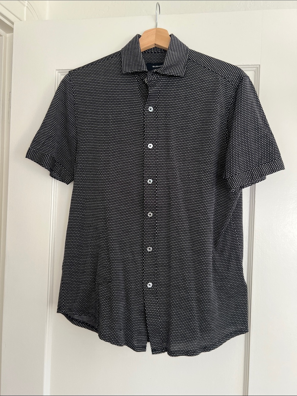 Bugatchi Men's Black Short Sleeve Button-Down Shirt with White Micro Dot Print